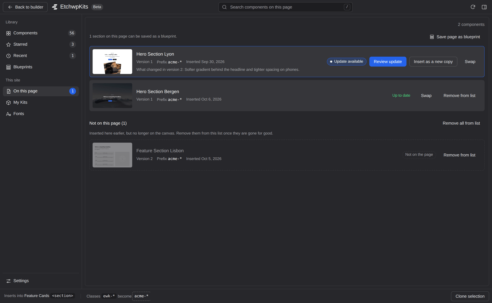 The On this page view of the panel, listing each inserted copy with its version, an Update available notice and a copy that is not on the page any more.