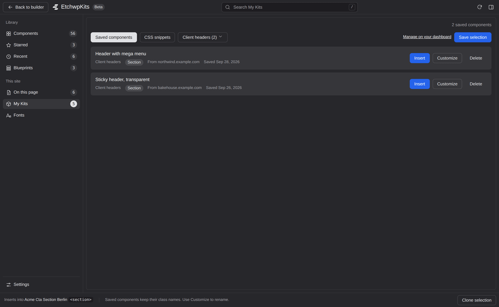 The My Kits view of the panel, showing saved components in folders and CSS snippets.