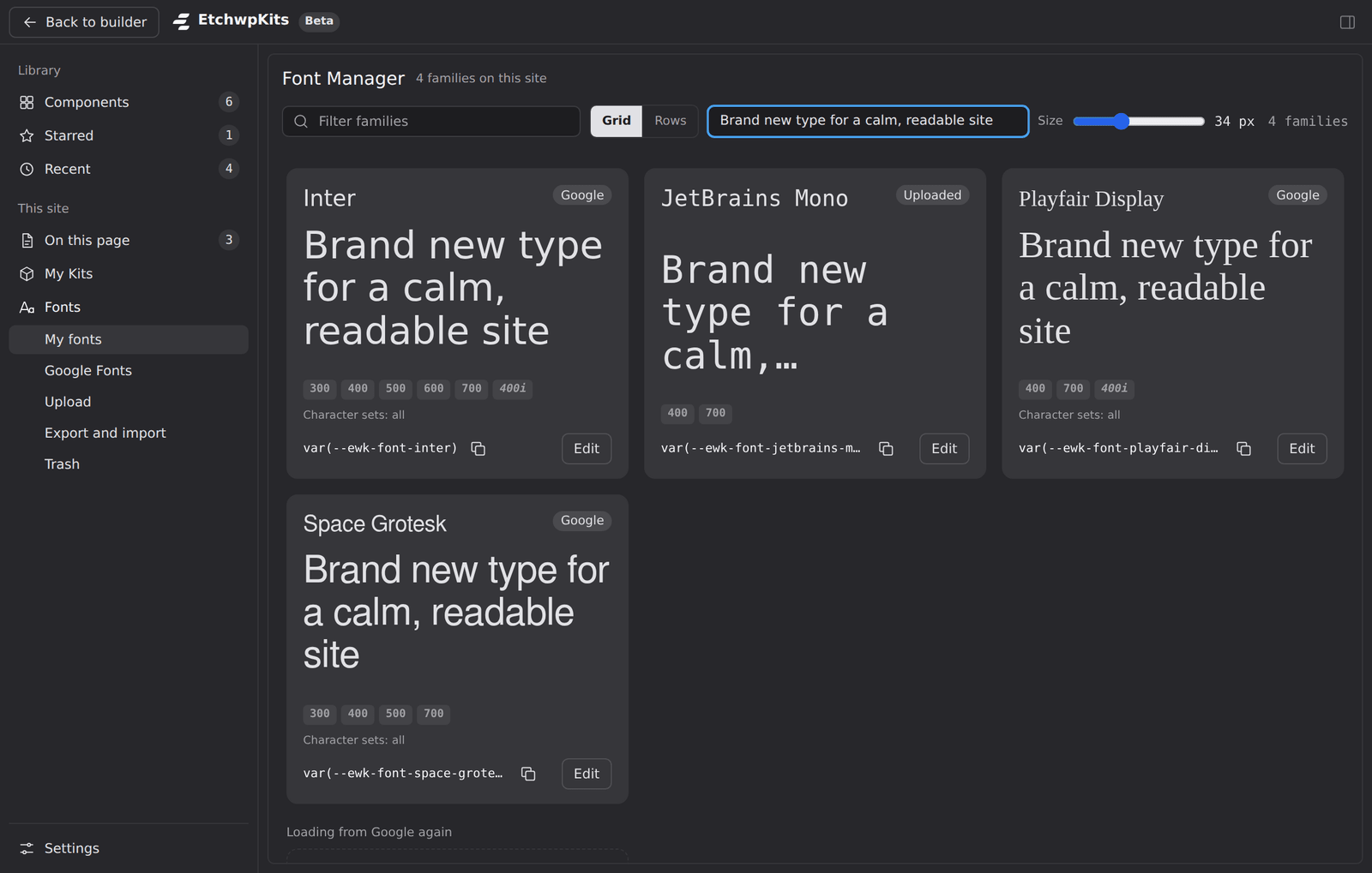The Font Manager in the panel: My fonts, with the site's font families shown as cards with live specimens.